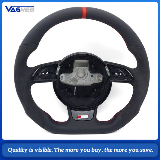 For Audi A4 B8 A3 8V A4 A5 A7 Q3 Q5 Q7 Steering Wheel Half Suede Grip Bright Red Sewing Line Red 12 O’clock Return Marker