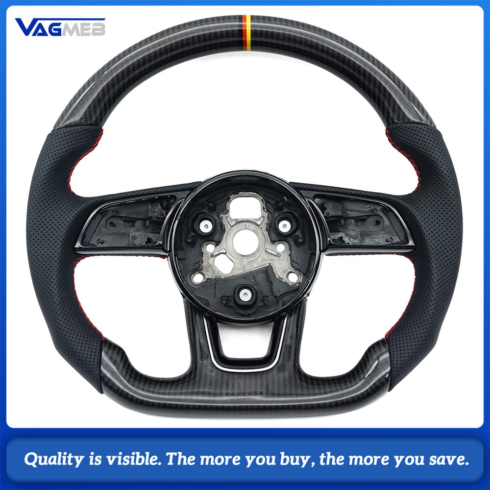 Carbon Fiber Half Perforated Steering Wheel Red Stitch Black-Red-Yellow Centering Mark No Paddle Shifters for Audi A4 B9