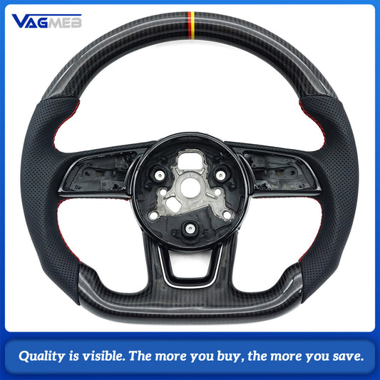 Carbon Fiber Half Perforated Steering Wheel Red Stitch Black-Red-Yellow Centering Mark No Paddle Shifters for Audi A4 B9