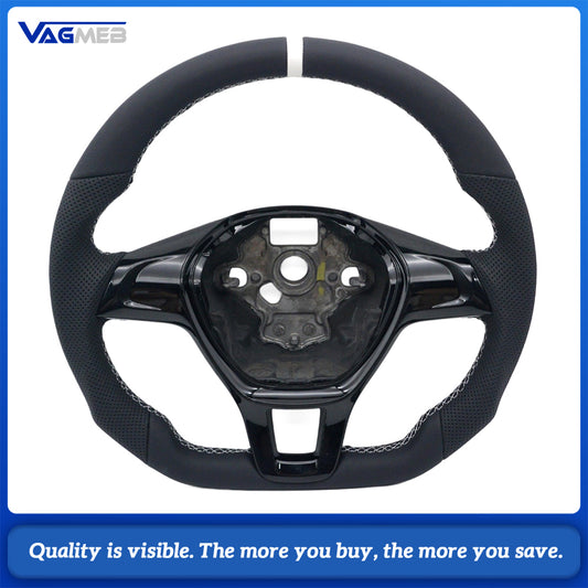 For VW T6 Steering Wheel, Half Perforated Leather, White Stitching, White Return Marker, Included Decorative Frame