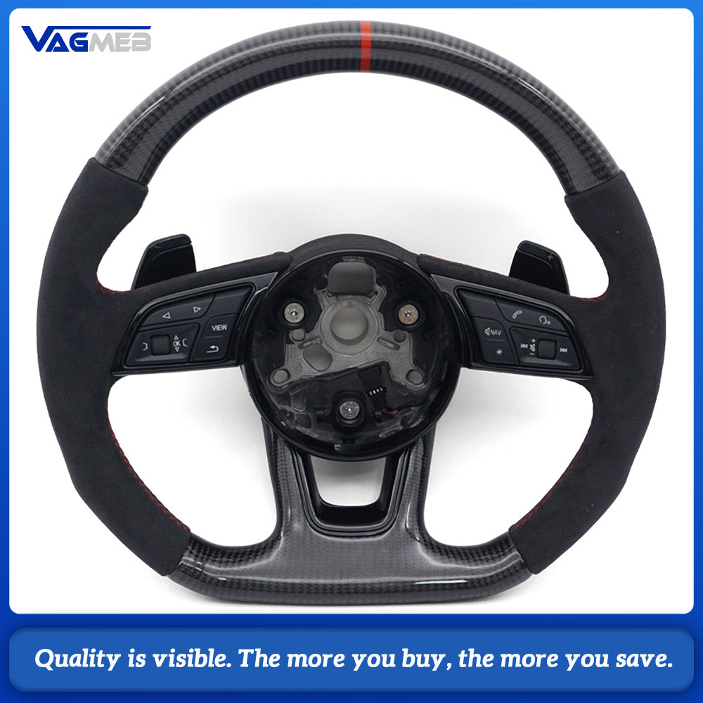 Carbon Fiber Semi‑Alcantara Suede Sport Steering Wheel Red Contrast Stitching Red Center Mark Chrome Paddle Shifters Buttons Not Included For Audi A4 B9