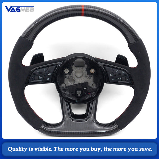 Carbon Fiber Semi‑Alcantara Suede Sport Steering Wheel Red Contrast Stitching Red Center Mark Chrome Paddle Shifters Buttons Not Included For Audi A4 B9