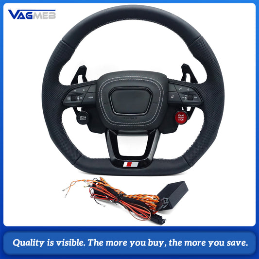 For Audi Q3 Q5 Q7 Q8 RS Q3 RS Q5 Black Leather Perforated Flat Bottomed Steering Wheel With Paddles and Buttons Car Accessories