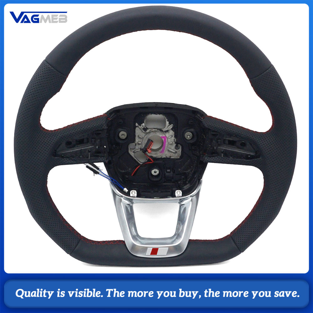 Heated Sport Steering Wheel Half‑Perforated Leather Red Stitching For Audi Q5FY, No Buttons No Shift Paddles