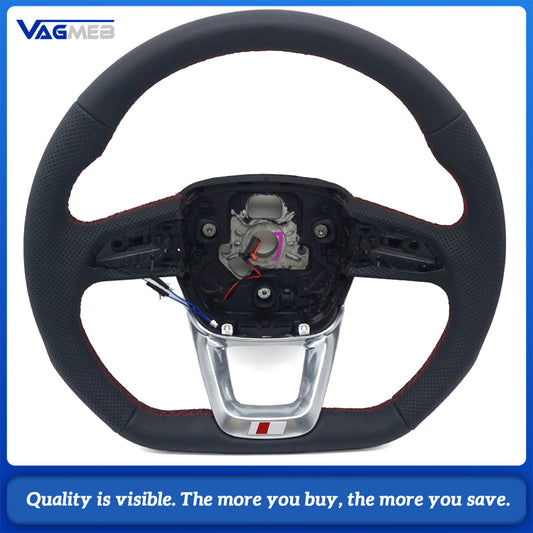 Heated Sport Steering Wheel Half‑Perforated Leather Red Stitching For Audi Q5FY, No Buttons No Shift Paddles