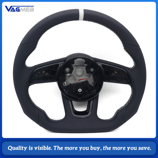 Sport Steering Wheel Semi‑Perforated Leather White Contrast Stitching White Center Mark No Paddle Shifters Buttons Not Included For Audi A4 B9