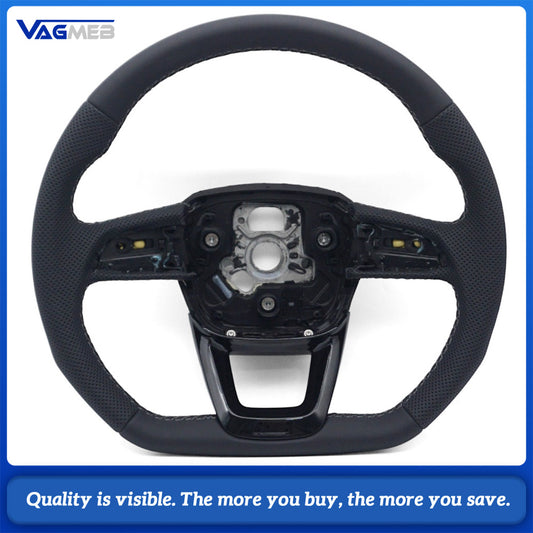 Car Gloss Black Half Perforated Leather Steering Wheel Gray Stitching Without Paddle Shifters and Control Buttons Replacement For Audi Q5L