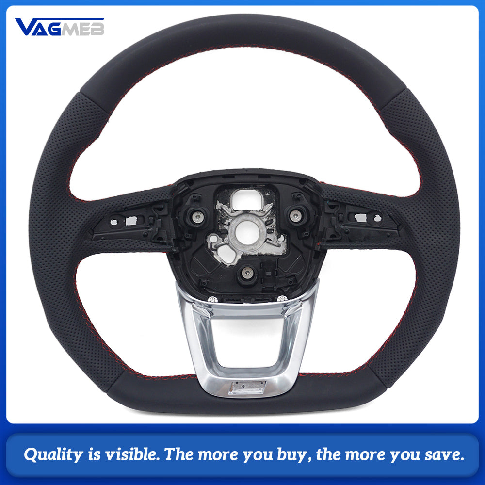 For Audi Q5L Semi Perforated Leather Steering Wheel Red Stitching Without Control Buttons & Shift Paddles Retrofit