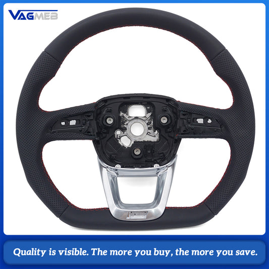 For Audi Q5L Semi Perforated Leather Steering Wheel Red Stitching Without Control Buttons & Shift Paddles Retrofit