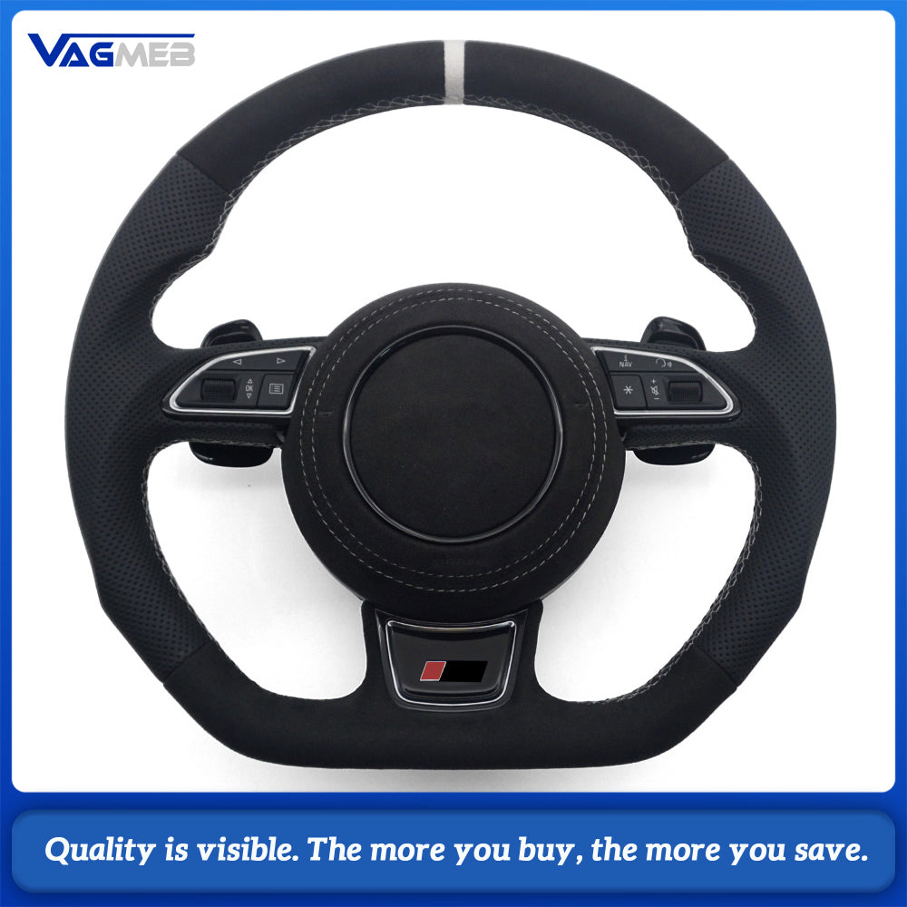 RS Sport Steering Wheel For Audi A6 C7 Alcantara Half Perforated White Stitch White 12 O'clock Marker With Buttons Chrome Shift Paddles Heated Optional
