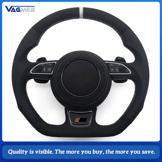 RS Sport Steering Wheel For Audi A6 C7 Alcantara Half Perforated White Stitch White 12 O'clock Marker With Buttons Chrome Shift Paddles Heated Optional