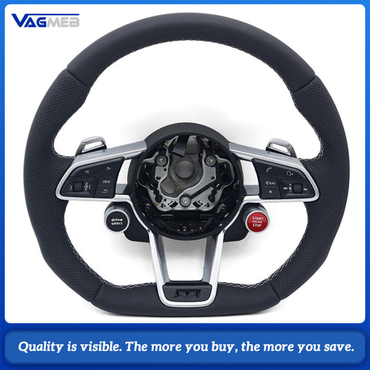 R8 Style Steering Wheel Semi‑Perforated Leather White Stitching With Paddle Shifters Full Multifunction R8 Satellite Buttons Hands‑Off Detection HOD For Audi R8