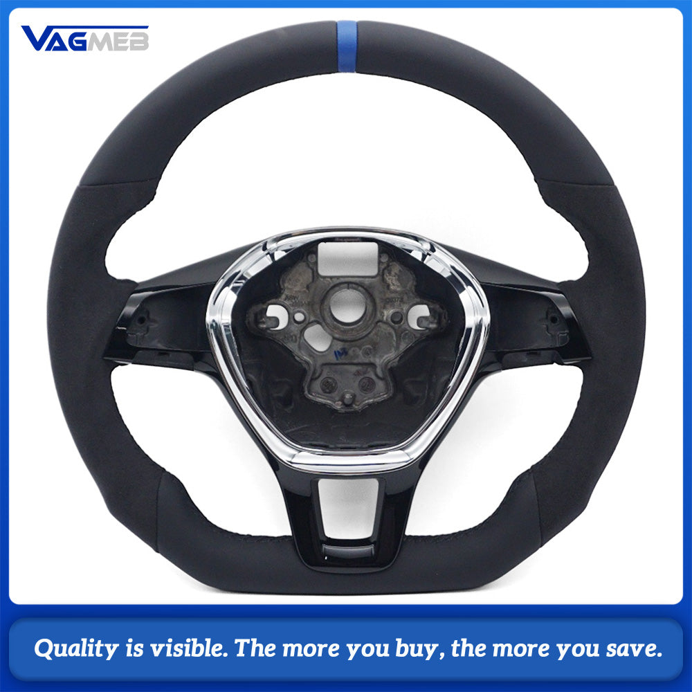 Car Half Suede Alcantara Steering Wheel Black Stitching With Blue Center Marker Replacement For VW T6