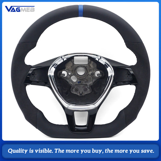 Car Half Suede Alcantara Steering Wheel Black Stitching With Blue Center Marker Replacement For VW T6