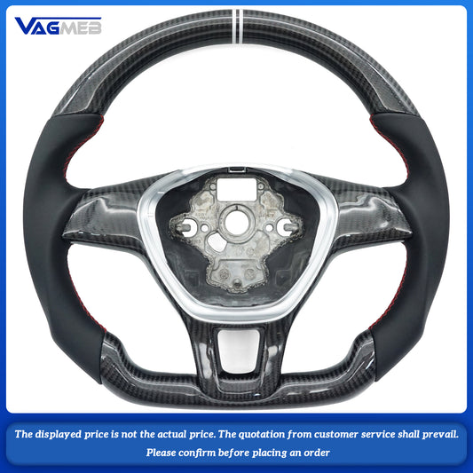 For VW Amarok, the left and right sides are genuine leather, the top and bottom are carbon fiber red lines, with carbon fiber button covers and double white correction marks
