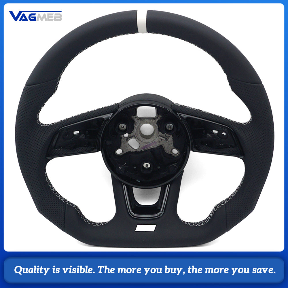Sport Contoured Steering Wheel For Audi A4 B9, Half‑Perforated Leather White Stitching White Centering Mark, No Shift Paddles