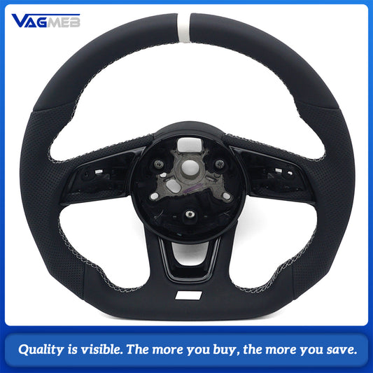 Sport Contoured Steering Wheel For Audi A4 B9, Half‑Perforated Leather White Stitching White Centering Mark, No Shift Paddles