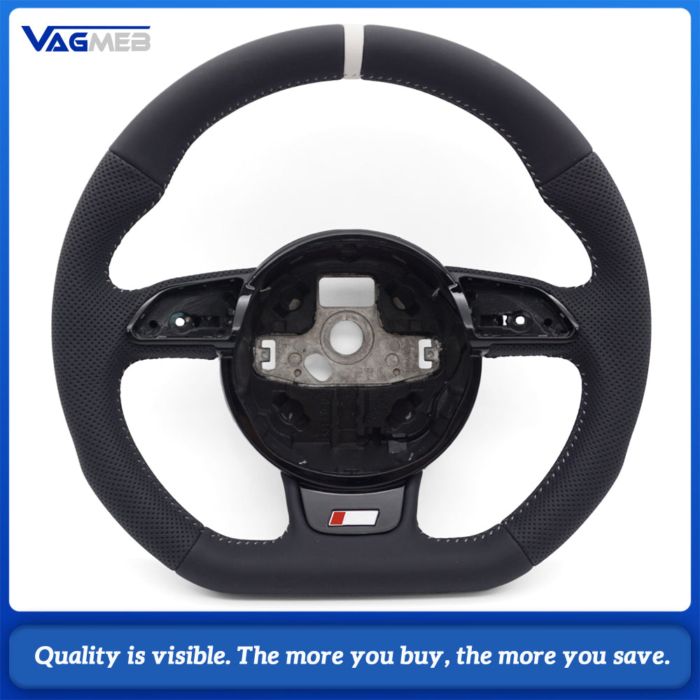 For Audi A4 B8 A3 8V A4 A5 A7 Q3 Q5 Q7 white Stitched Full Leather Perforated Flat Bottomed Steering Wheel