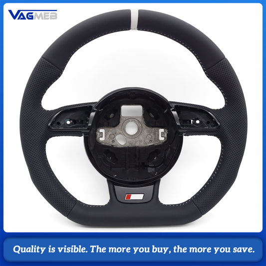 For Audi A4 B8 A3 8V A4 A5 A7 Q3 Q5 Q7 white Stitched Full Leather Perforated Flat Bottomed Steering Wheel