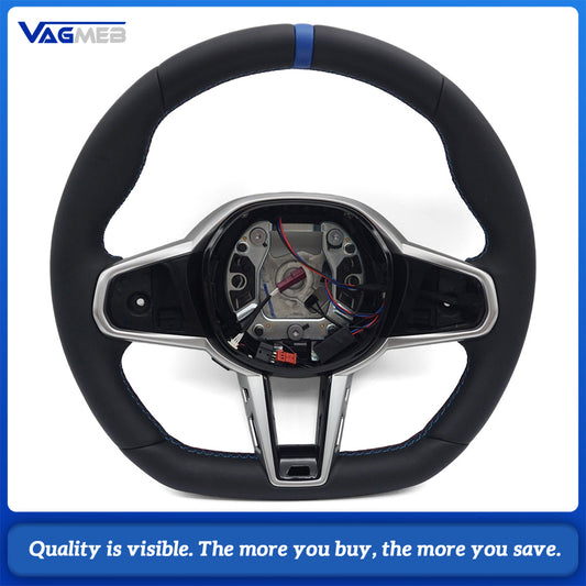 CS Sport Full Nappa Leather Steering Wheel M Tri Color Stitch Blue 12 O'clock Marker With Vibration Lane Alert Heating Hands Off Detection Emulator For BMW 5 Series G30 G31