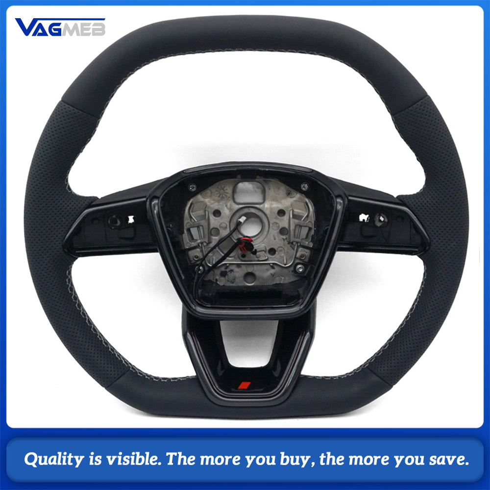 S-Line Steering Wheel For Audi A6 C8 A7 C8, Half Perforated Leather White Stitching, Heated Function, No Shift Paddles, No Multifunction Buttons