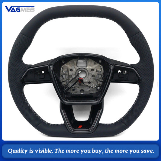 S-Line Steering Wheel For Audi A6 C8 A7 C8, Half Perforated Leather White Stitching, Heated Function, No Shift Paddles, No Multifunction Buttons