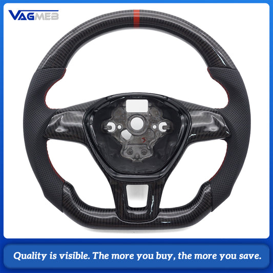 Car Carbon Fiber Half Perforated Leather Steering Wheel Red Stitch Red Centering Marker With Solid Carbon Fiber Button Frame For VW T6