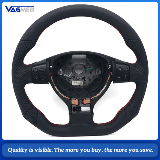 For VW Golf MK5 Half Perforated Leather Steering Wheel, Red Stitching With Control Buttons Without Shift Paddles