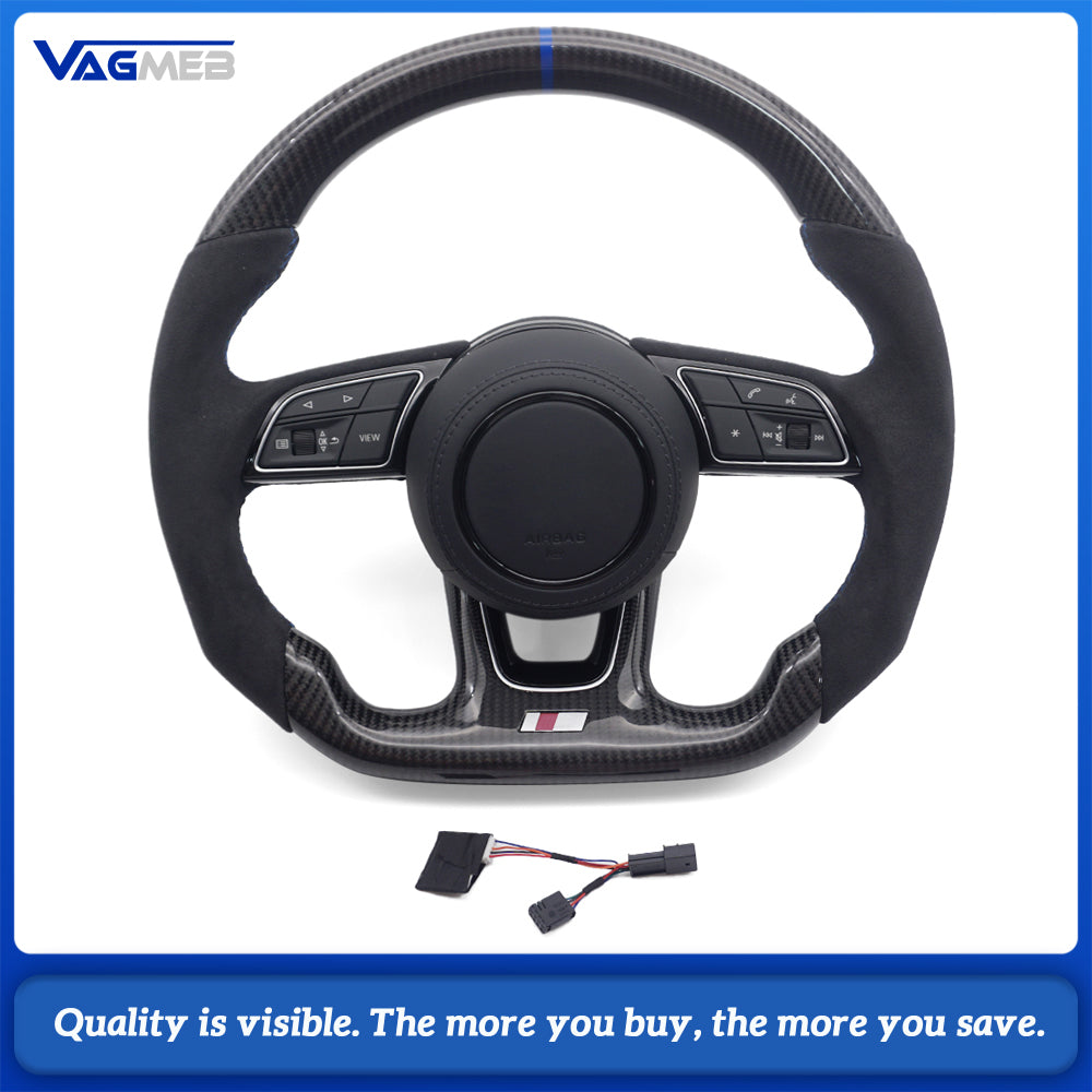 For Audi A4 B9 S Line Carbon Fiber Steering Wheel Half Alcantara Blue Stitch Blue Marker Buttons Airbag Assembly
