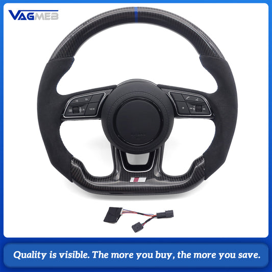 For Audi A4 B9 S Line Carbon Fiber Steering Wheel Half Alcantara Blue Stitch Blue Marker Buttons Airbag Assembly