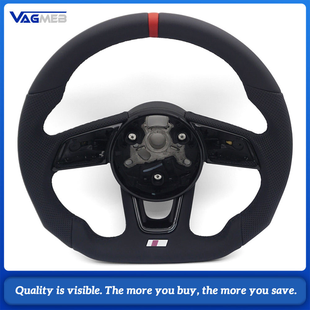 Steering Wheel Fit Audi A4 B9 Half Perforated Leather Black Stitch Red Center Alignment Mark With S Badge