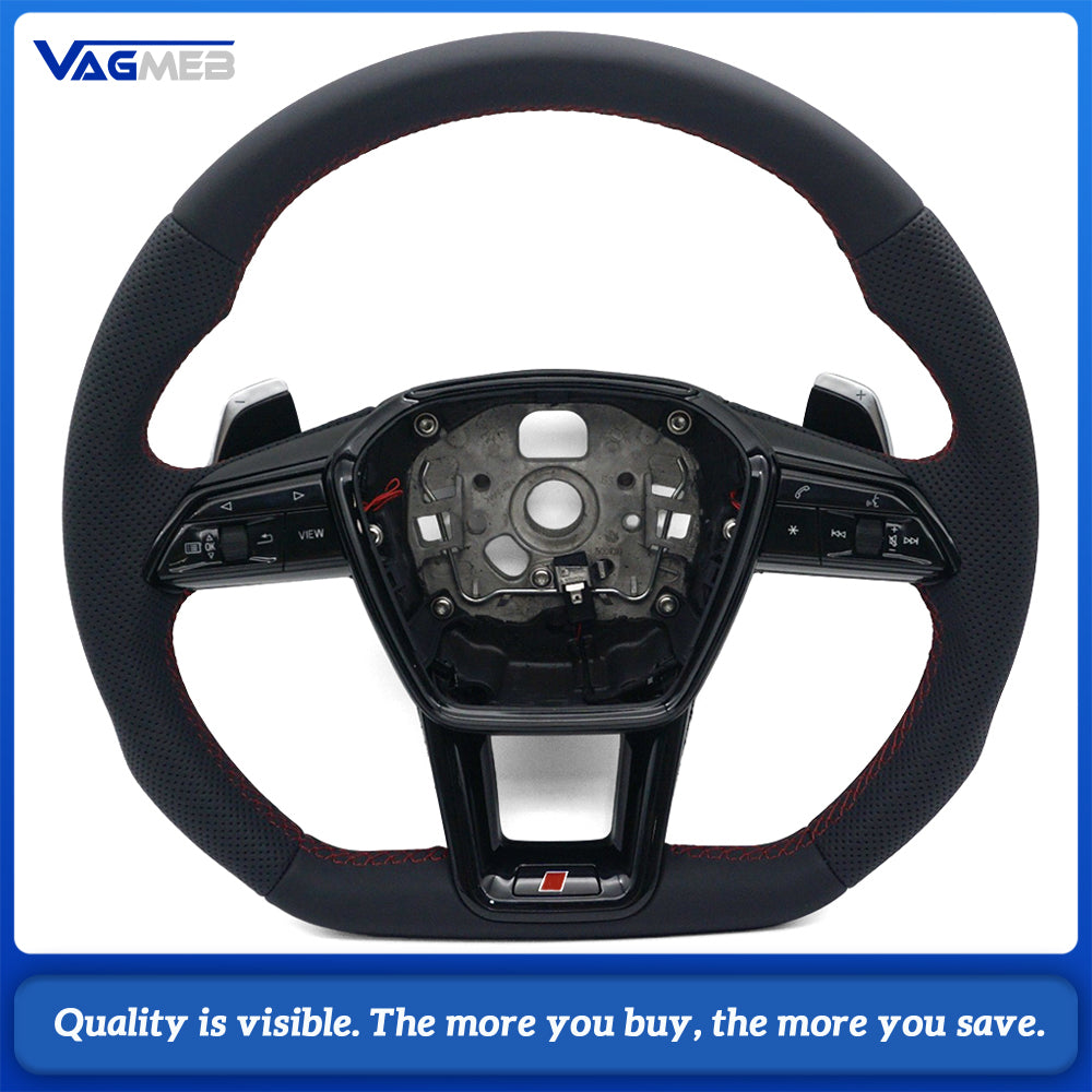 S Line Gloss Black Steering Wheel Half Perforated Red Stitch With Buttons Chrome Shift Paddles For Audi A6 C8