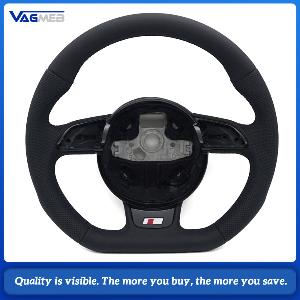For Audi A4 B8 A3 8V A4 A5 A7 Q3 Q5 Q7 Black Stitched Full Leather Perforated Flat Bottomed Steering Wheel