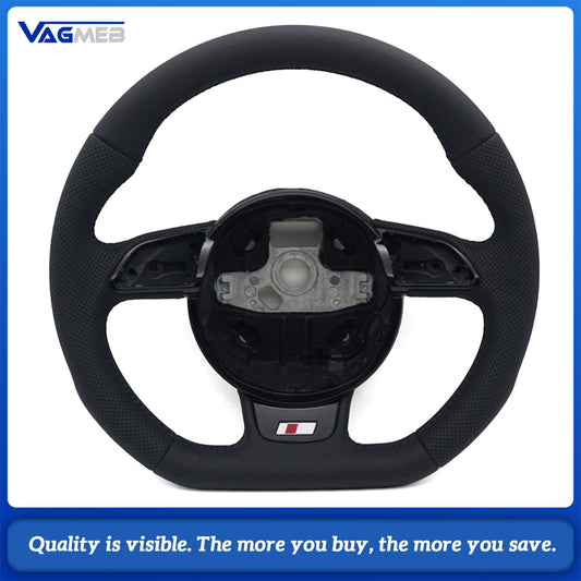 For Audi A4 B8 A3 8V A4 A5 A7 Q3 Q5 Q7 Black Stitched Full Leather Perforated Flat Bottomed Steering Wheel