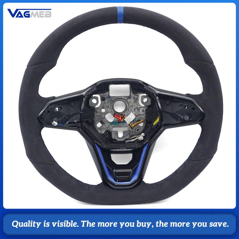 For VW Golf MK8 Full Alcantara Sport Steering Wheel, Blue Contrast Stitching, Blue Position Mark, Car Interior Modification Steering Wheel