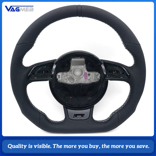 For Audi A4 B8 Shaped Steering Wheel Base, Half Perforated Leather White Stitching Black Centering Marker