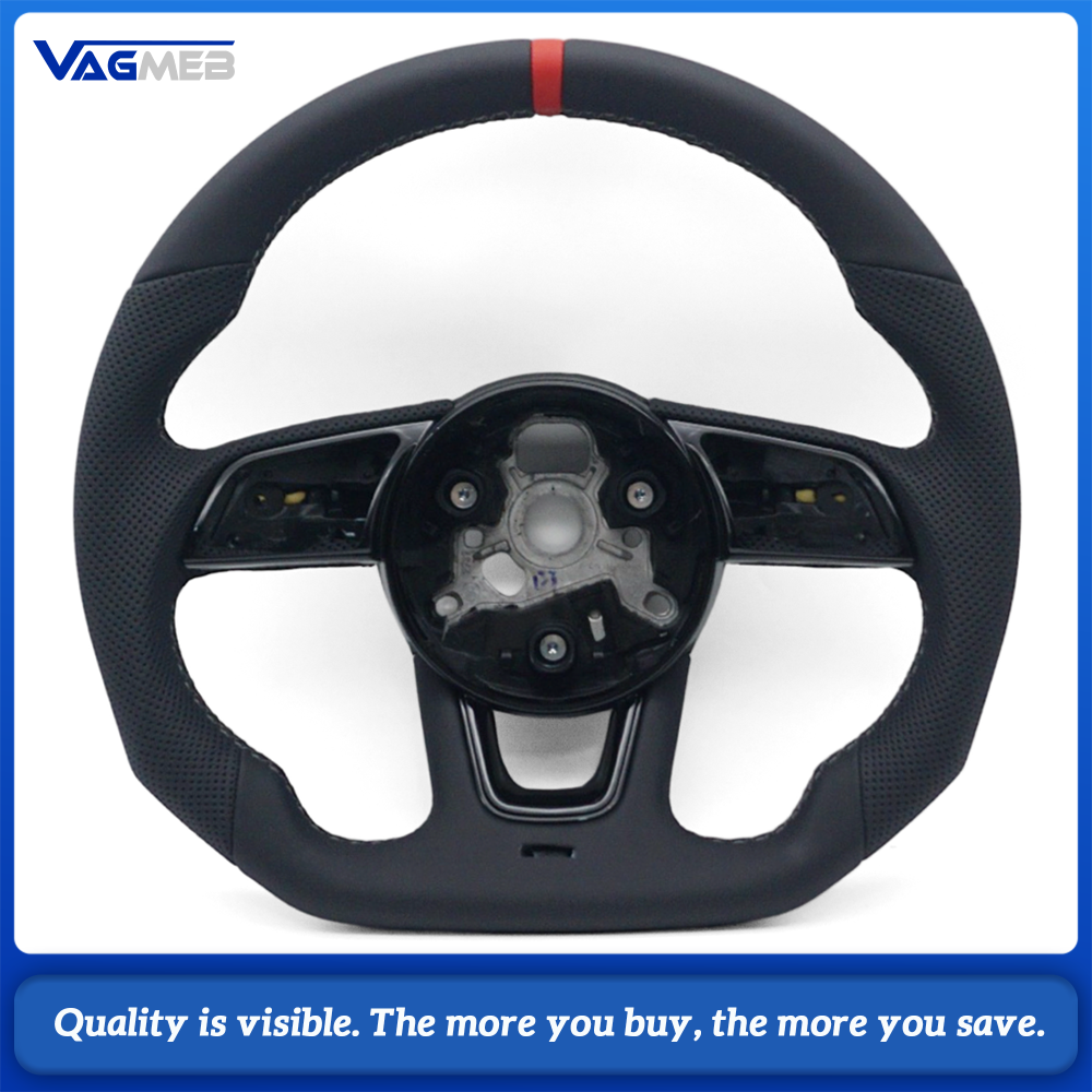 Car Contoured Half Perforated Steering Wheel Gray Stitching Red Center Marker Without Paddle Shifters and Control Buttons Replacement For Audi A4 B9