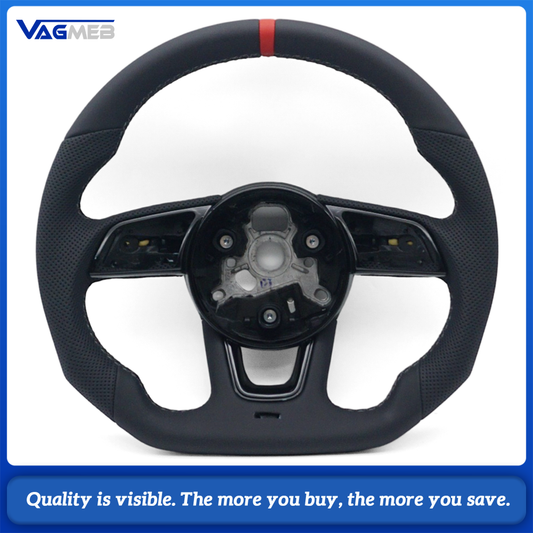 Car Contoured Half Perforated Steering Wheel Gray Stitching Red Center Marker Without Paddle Shifters and Control Buttons Replacement For Audi A4 B9