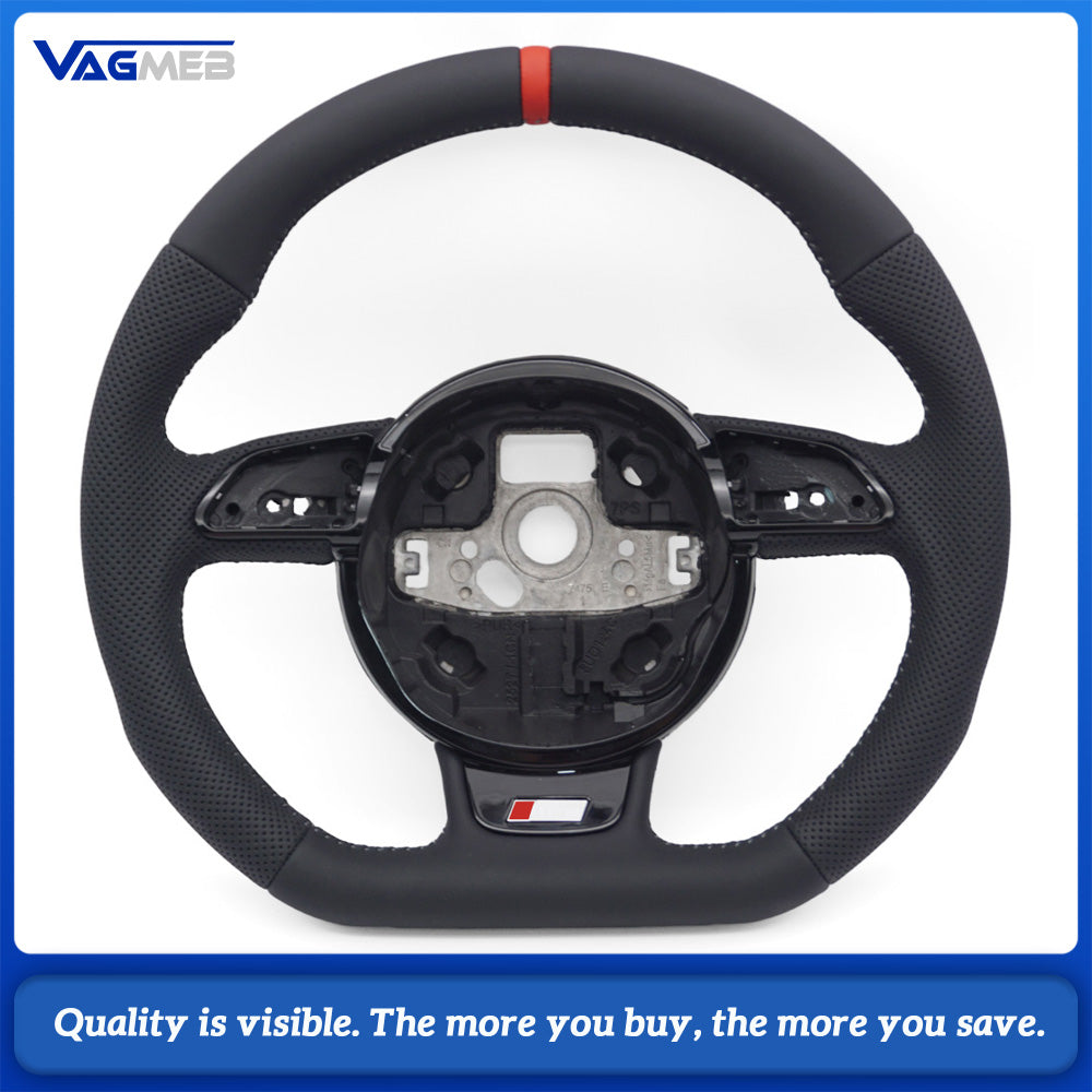 For Audi A4 B8 A3 8V A4 A5 A7 Q3 Q5 Q7 Dark gray line Stitched Full Leather Perforated Flat Bottomed Steering Wheel