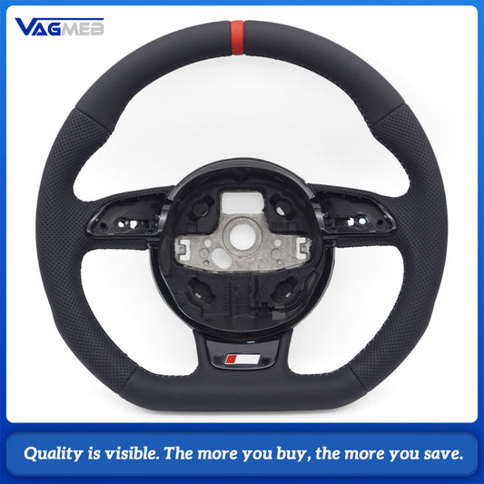 For Audi A4 B8 A3 8V A4 A5 A7 Q3 Q5 Q7 Dark gray line Stitched Full Leather Perforated Flat Bottomed Steering Wheel