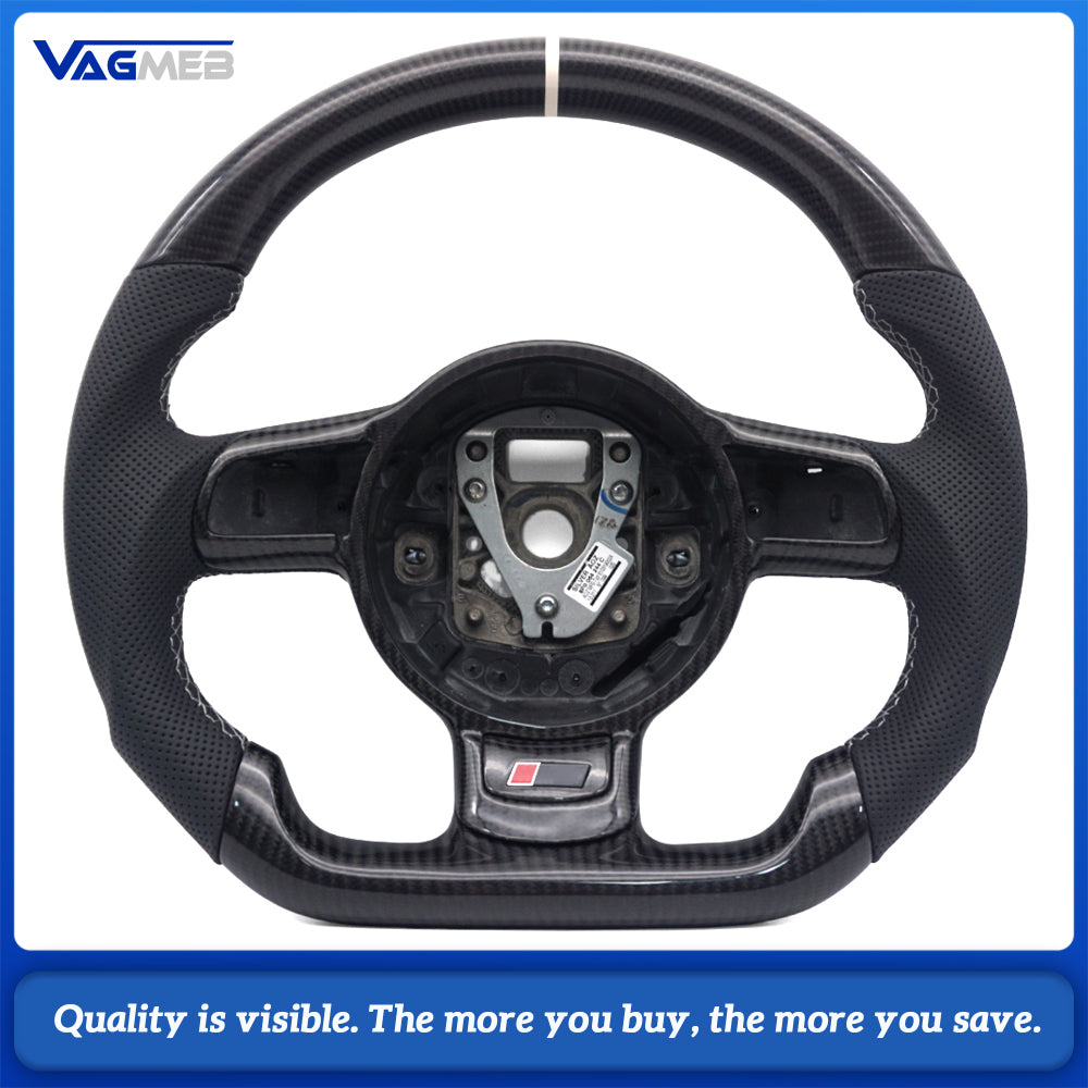 For Audi R8 Mk1 42 2007-2015 Carbon Fiber Steering Wheel, Half-Perforated Leather, White Stitching, White 12 O'clock Mark, With Button Frame & R8 Logo, Custom Upgrade