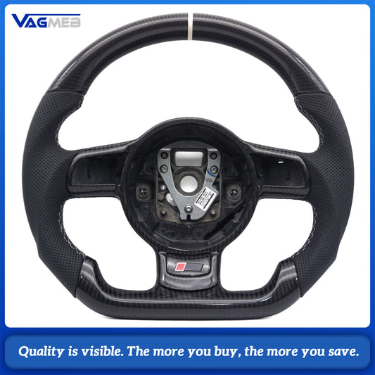 For Audi R8 Mk1 42 2007-2015 Carbon Fiber Steering Wheel, Half-Perforated Leather, White Stitching, White 12 O'clock Mark, With Button Frame & R8 Logo, Custom Upgrade
