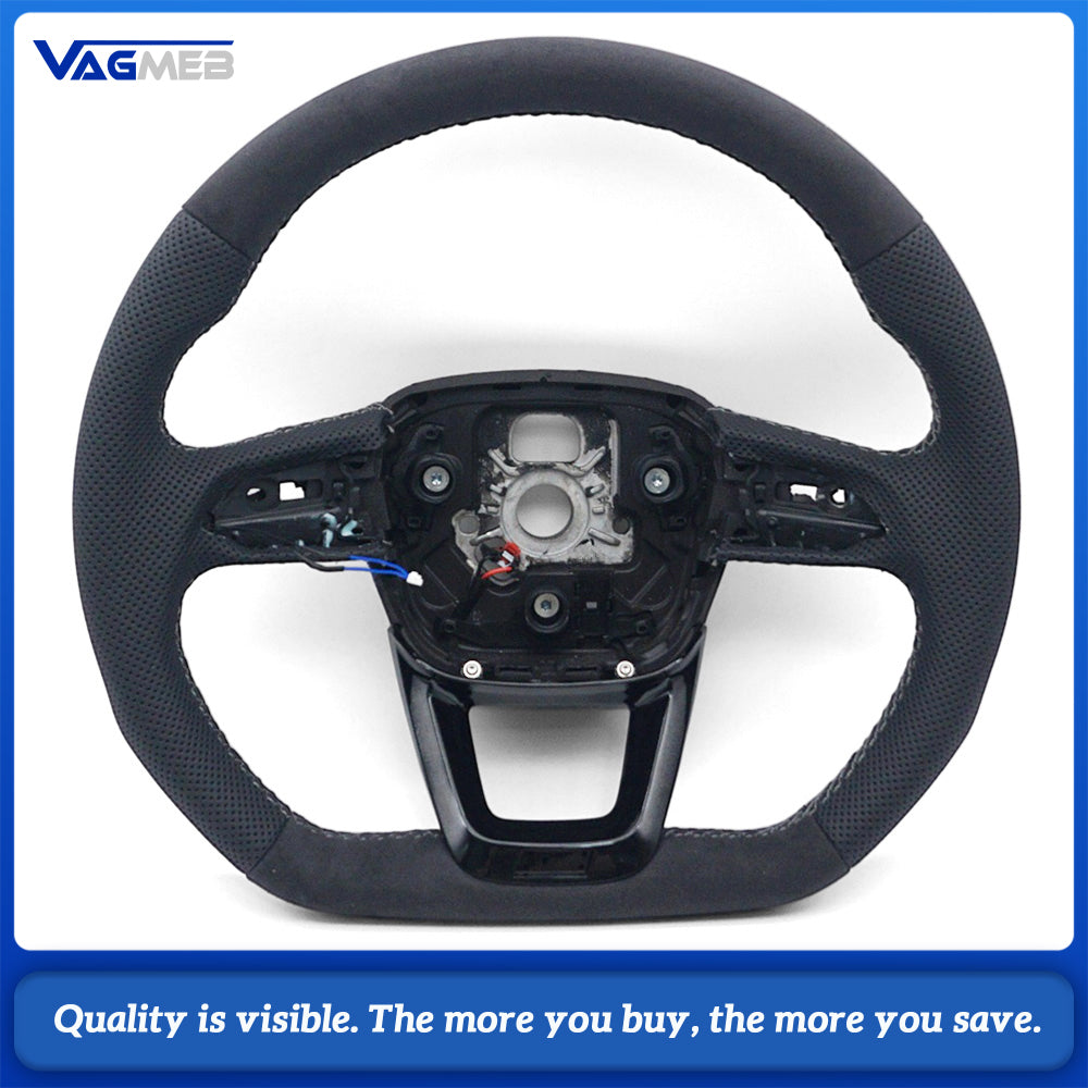 For Audi Q5L Steering Wheel, Matte Black Alcantara Upper & Lower, Perforated Leather on Both Sides, Dark Gray Contrast Stitching, Heating Function, Without Buttons, Without Shift Paddles, No Airbag, Car Sport Modification Part