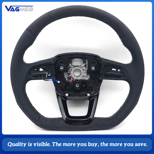 For Audi Q5L Steering Wheel, Matte Black Alcantara Upper & Lower, Perforated Leather on Both Sides, Dark Gray Contrast Stitching, Heating Function, Without Buttons, Without Shift Paddles, No Airbag, Car Sport Modification Part