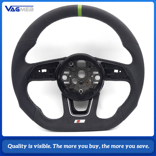 For Audi A38Y S Sport Steering Wheel With S Badge Shaped Bottom Base Half Perforated Leather Upper Lower Alcantara Cover White Thread Green Recenter Mark Modified Interior Steering Wheel