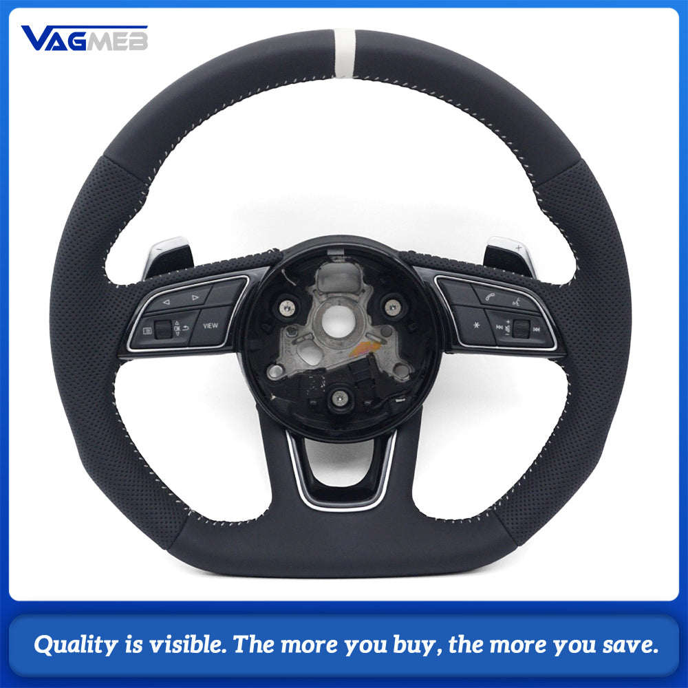 Half Perforated Leather Steering Wheel Fit for Audi A4 B9, White Stitching, With Buttons & Chrome Shift Paddles