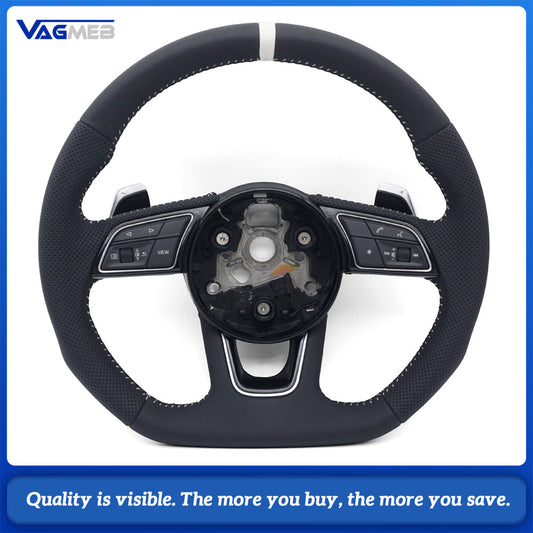 Half Perforated Leather Steering Wheel Fit for Audi A4 B9, White Stitching, With Buttons & Chrome Shift Paddles