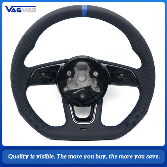 For Audi A4 B9  Steering Wheel, Half Perforated Leather, Blue Stitching, Blue Return Marker, Without Paddle Shifter, Non-contoured Design