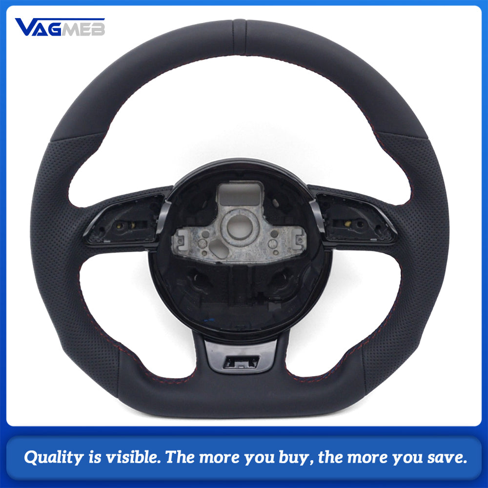 Semi‑Perforated Leather Steering Wheel Red‑Blue Stitching Black Center Mark Sculpted Flat‑Bottom No Paddle Shifters Buttons Not Included For Audi A4 B8