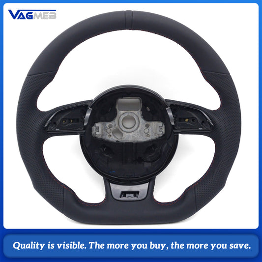 Semi‑Perforated Leather Steering Wheel Red‑Blue Stitching Black Center Mark Sculpted Flat‑Bottom No Paddle Shifters Buttons Not Included For Audi A4 B8